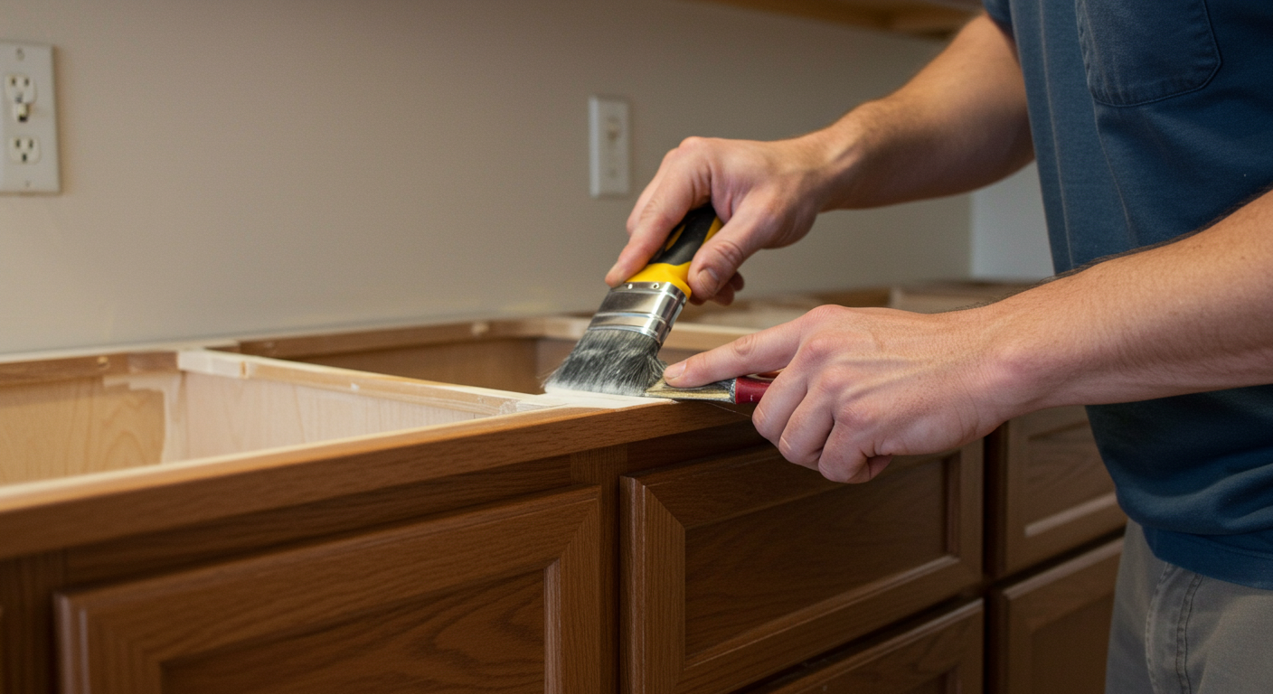 A close-up of a painter refinishing kitchen cabinets in an Ann Arbor home. The image focuses on the painter’s hands, tools, and the cabinet surface, highlighting the precision and quality of specialty services like cabinet refinishing.