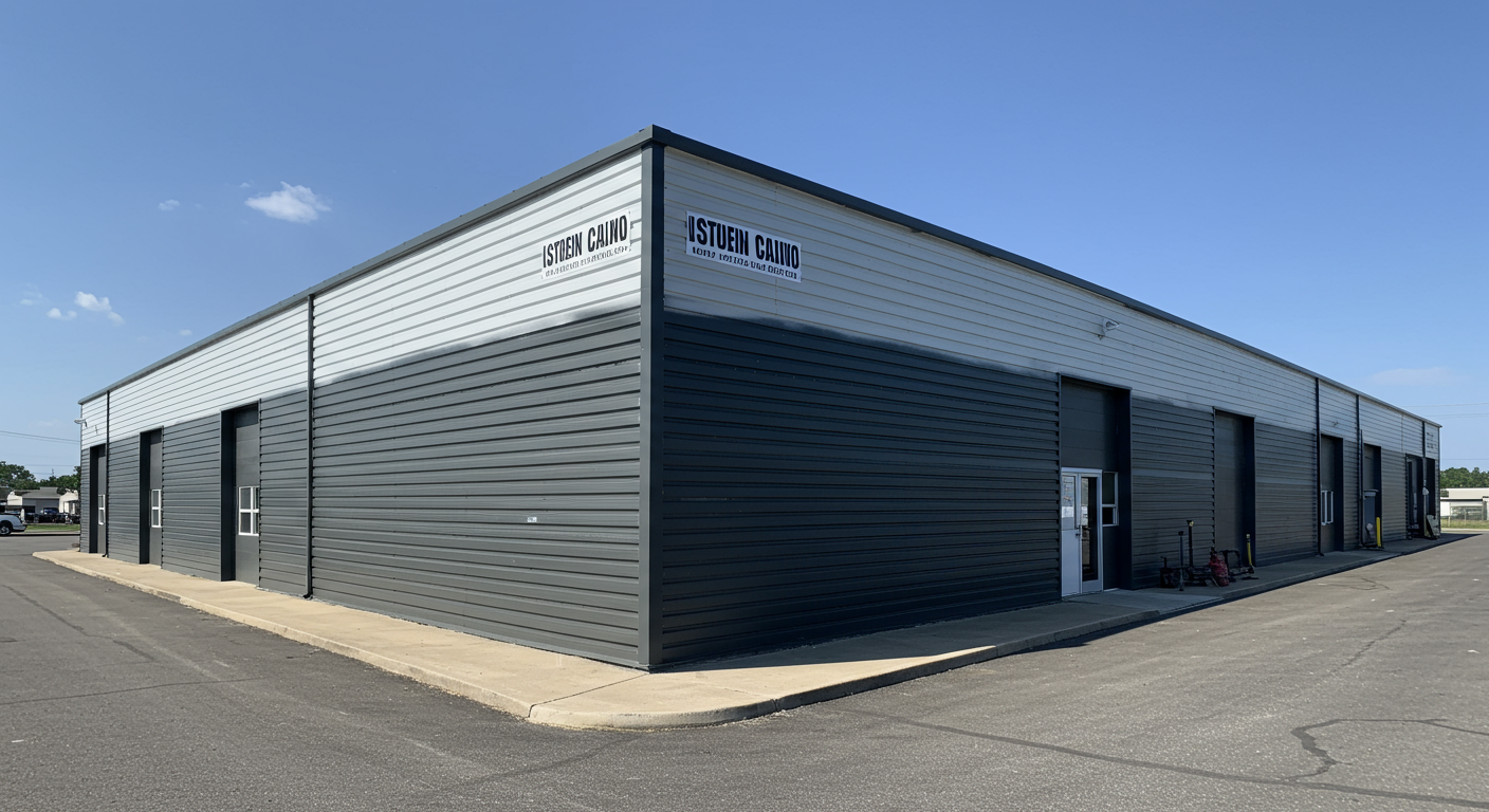 A panoramic view of a commercial building with a newly painted metal exterior, highlighting the quality of the paint job and the professionalism of the service.