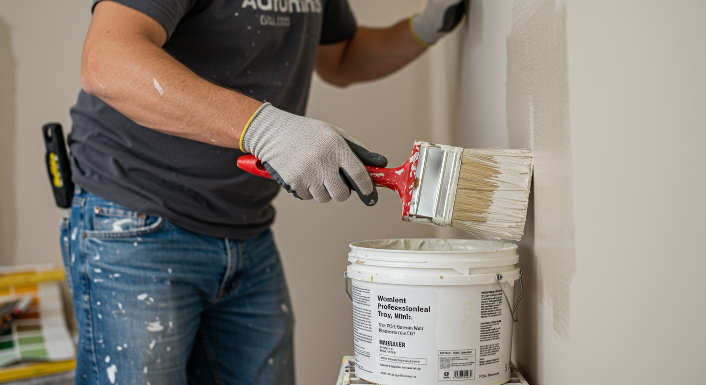 A professional painter in Troy, MI, applying a fresh coat of paint to a living room wall. The focus is on the painter's technique, with paint tools and color swatches visible in the background.