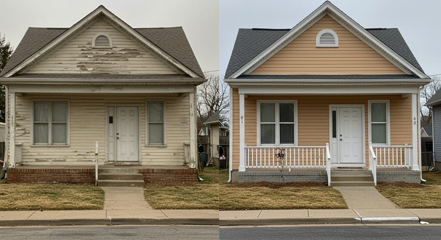 A split image showcasing a home's exterior before and after a fresh coat of paint. The left side shows a faded, peeling paint job, while the right side displays a vibrant, newly painted facade with a welcoming entrance.