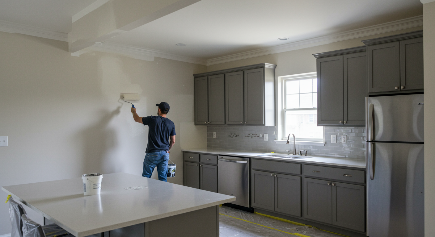 A professional painter carefully painting the walls of a modern kitchen in Southfield, MI.