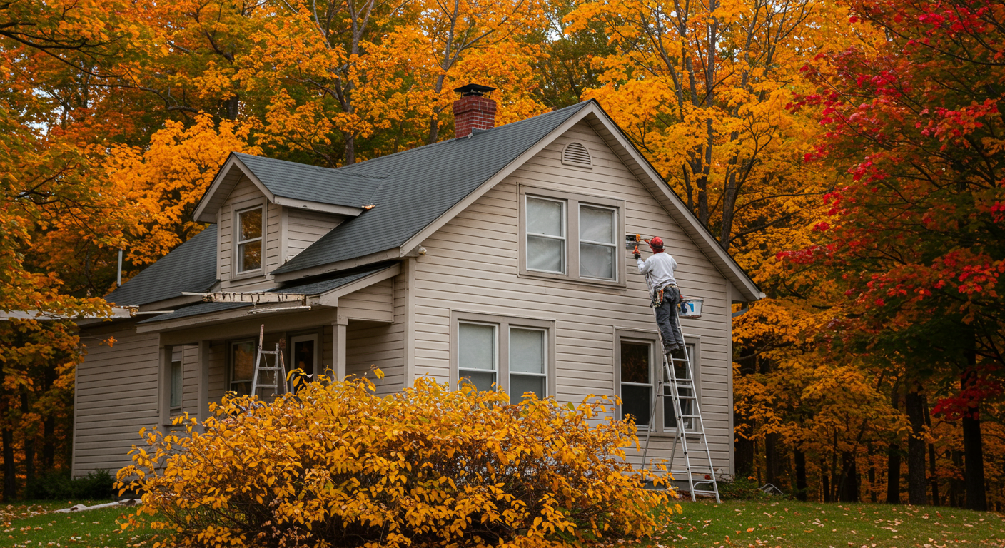 A house being painted in the fall, with a painter applying a fresh coat of paint. The background is filled with trees displaying colorful autumn leaves, creating a warm and inviting atmosphere.