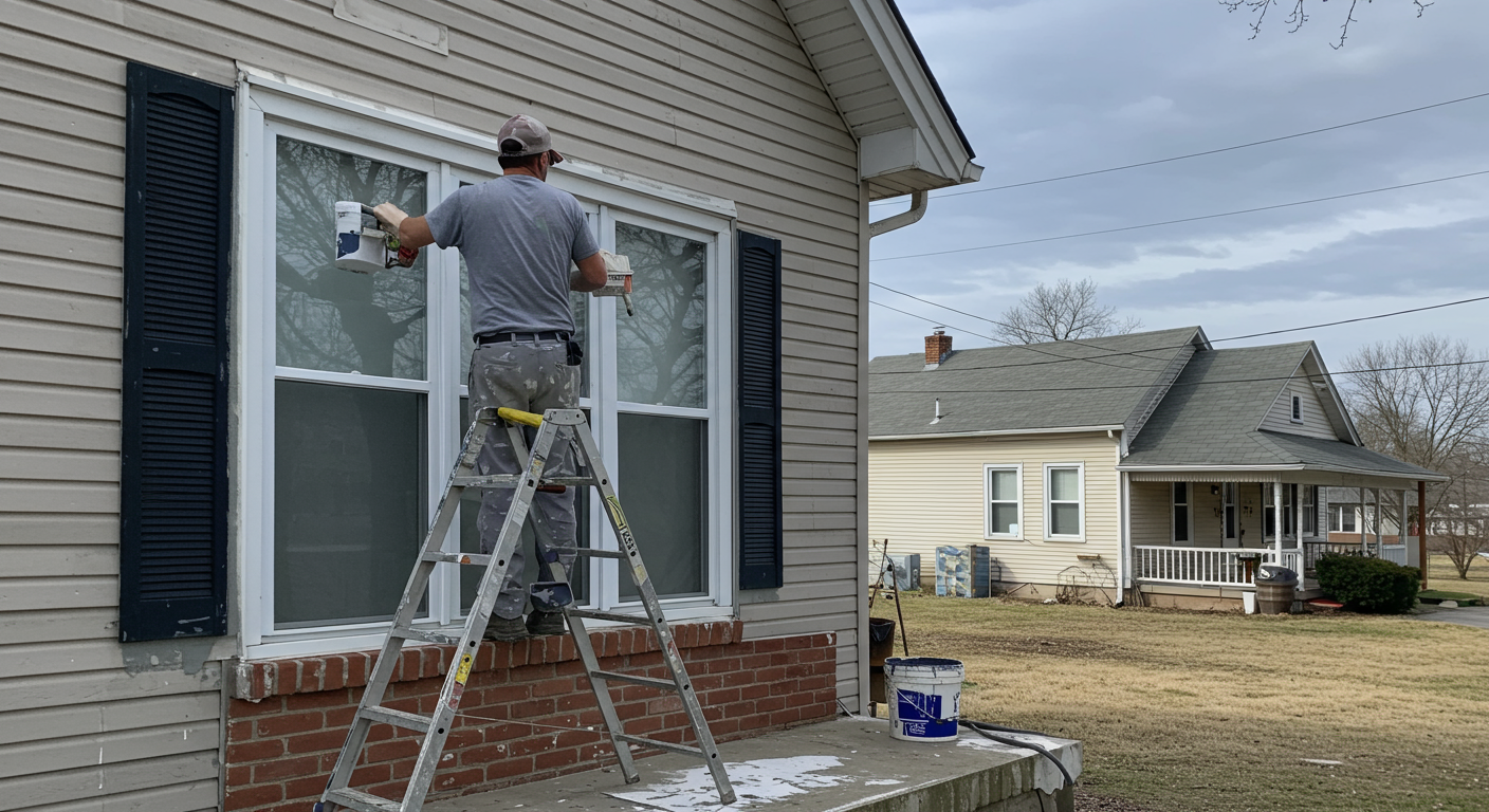 A professional painter working on the exterior of a Westland home, using high-quality paint. The background includes local landmarks or typical Westland architecture, emphasizing the connection to the community.